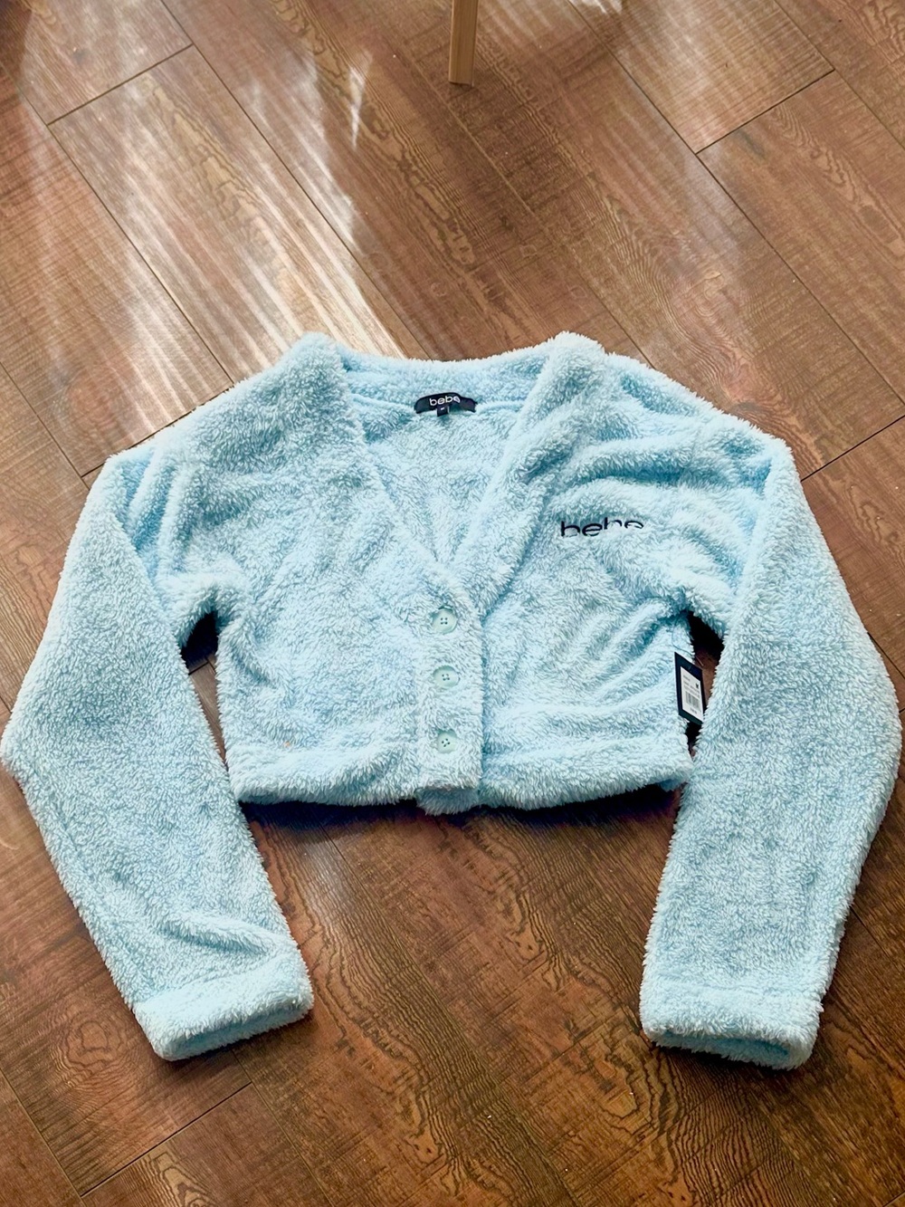 bebe Light Blue Plush Cropped Cardigan